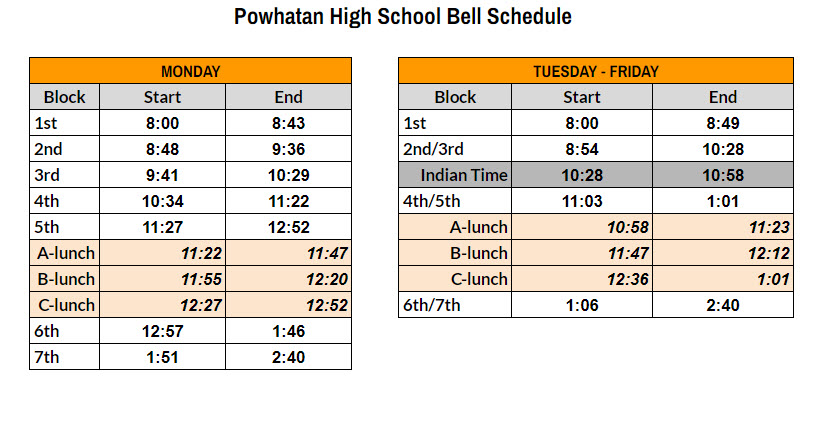 Bell Schedule for the 24.25 School Year