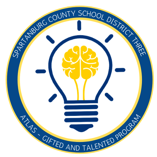 Spartanburg county school district 3 logo for the ATLAS program. A light bulb with a yellow brain inside.