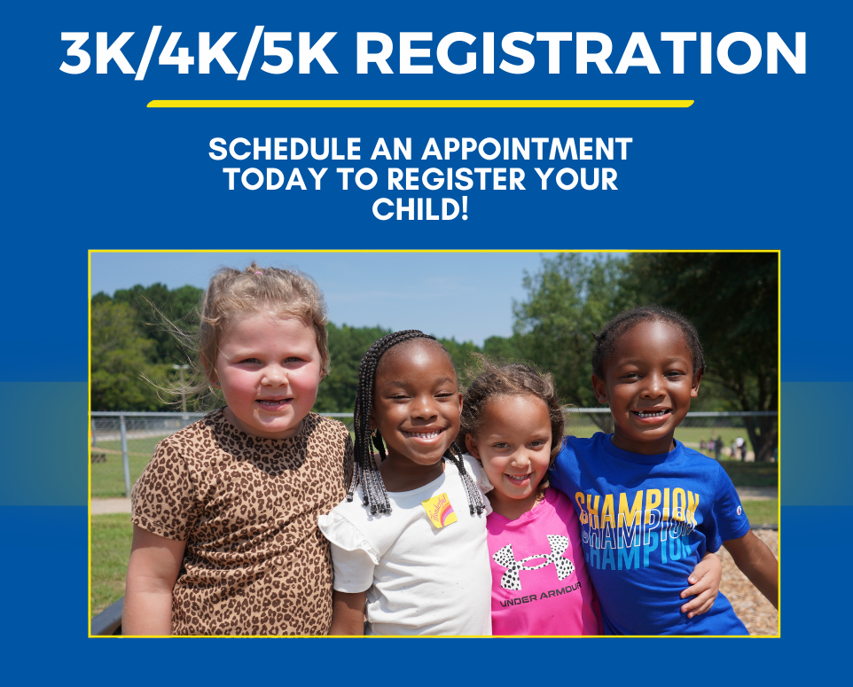 Spartanburg county school district three 4k/5k registration! Join us by appointment  to register your student! 5 images of elementary students smiling at the camera.