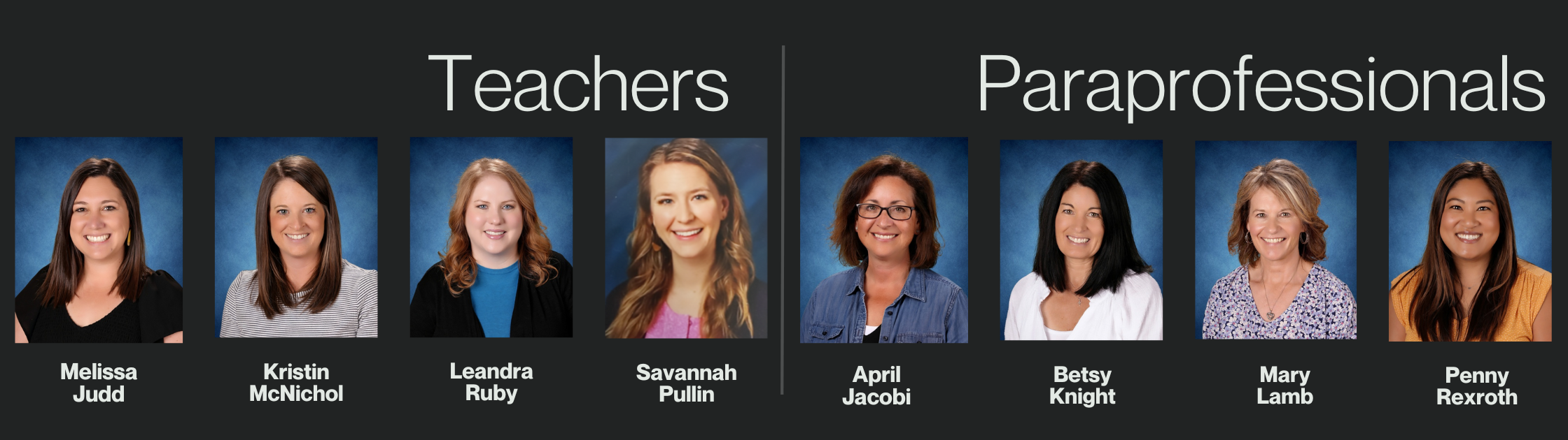 Teachers / Melissa Judd / Kristin McNichol/ Leandra Ruby / Savannah Pullin / Paraprofessionals / April Jacobi / Betsy Knight / Mary Lamb / Penny Rexroth