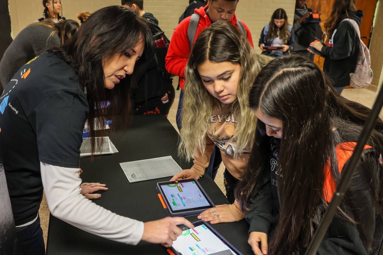 high school students and teacher on ipads