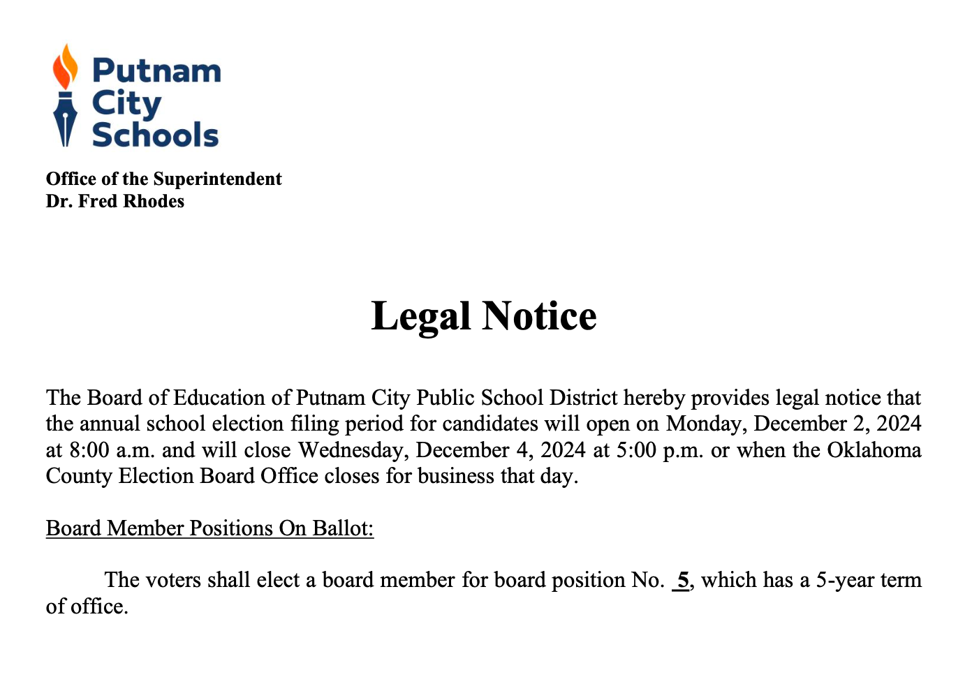 legal notice for board seat 4 candidacy filing period open