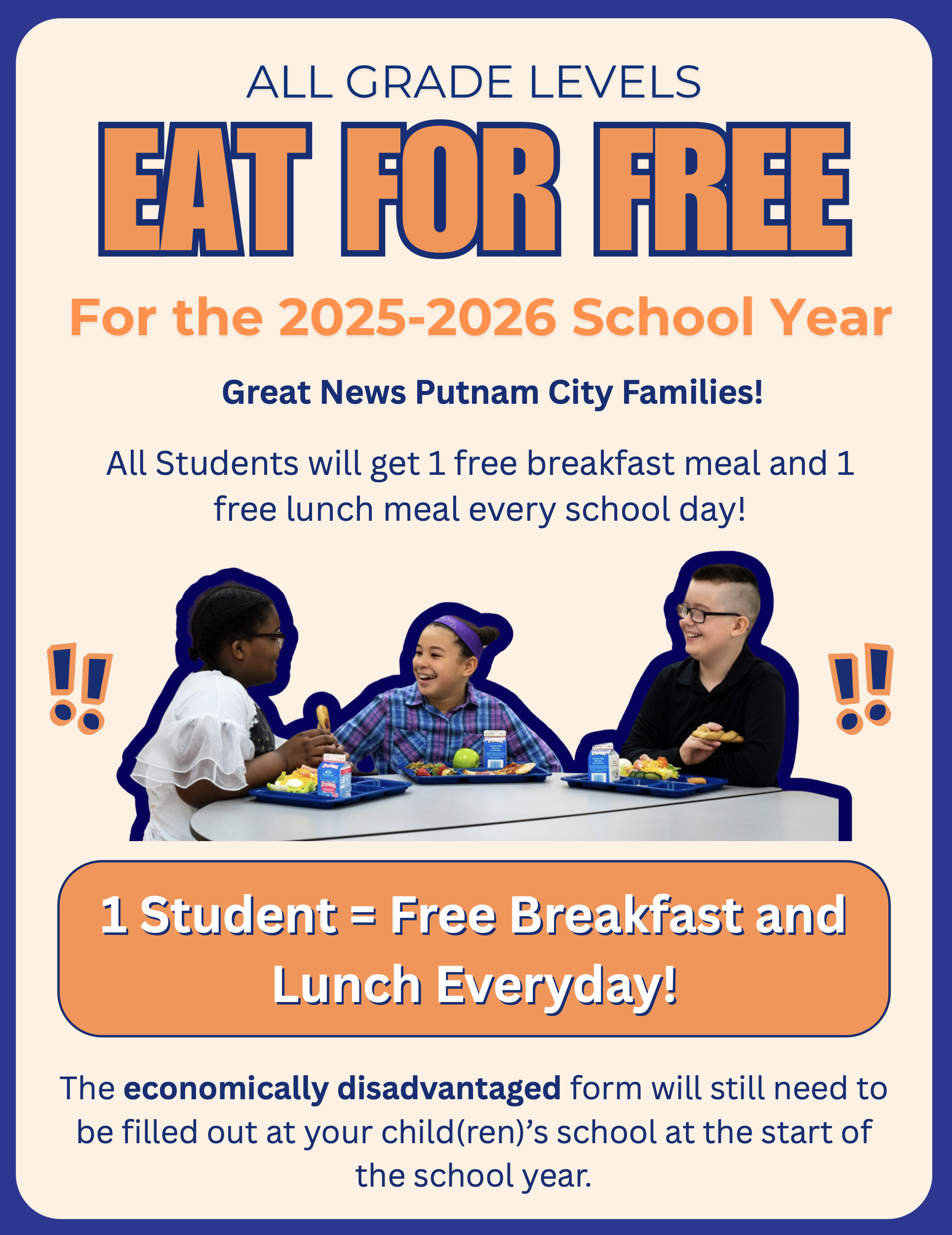 All grade levels eat for free. 1 breakfast and 1 lunch, does not include extras. Must fill out economically disadvantaged form at the beginning of the school year.