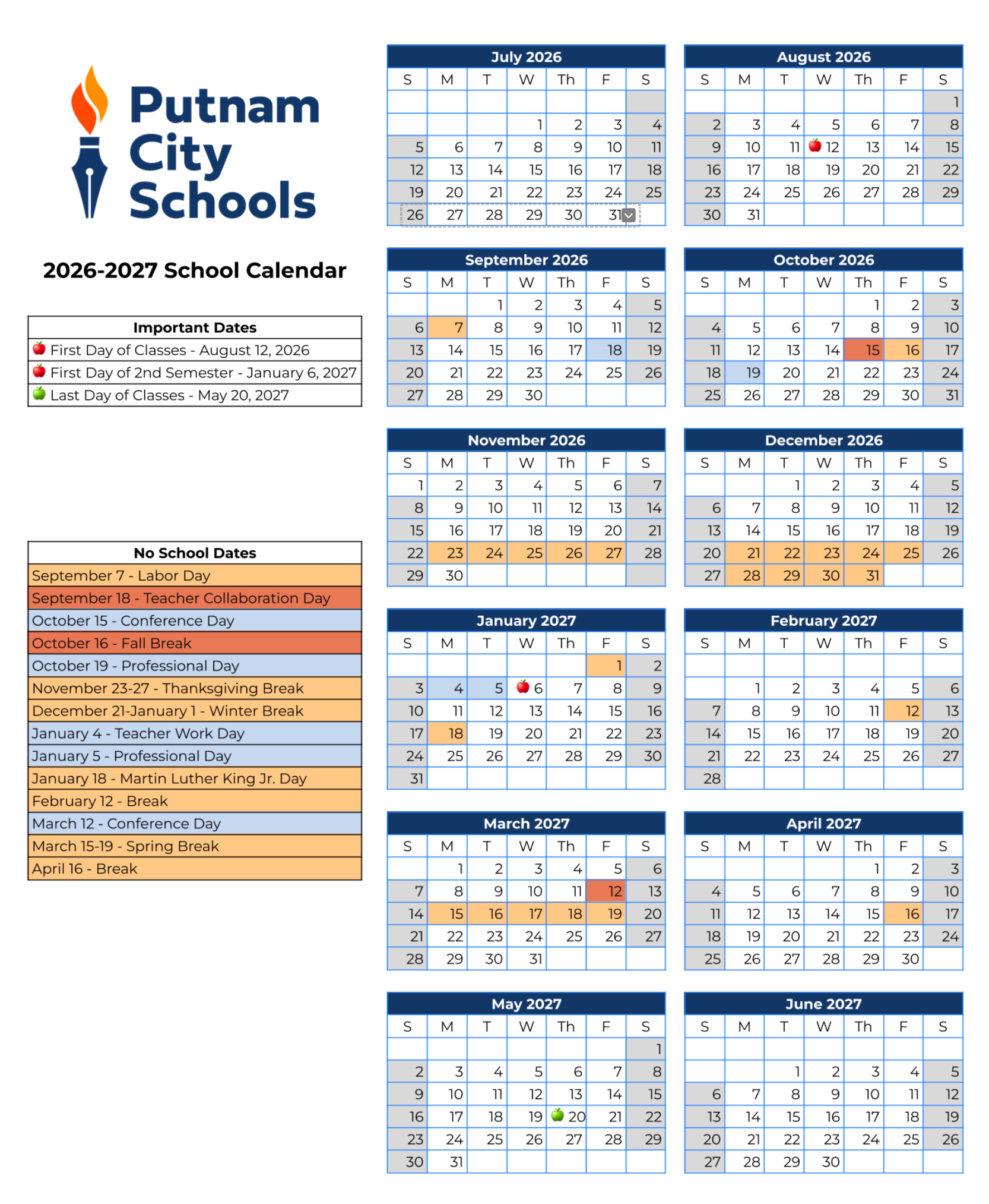 2026-2027 School Calendar, button below to download the digitally accessible version