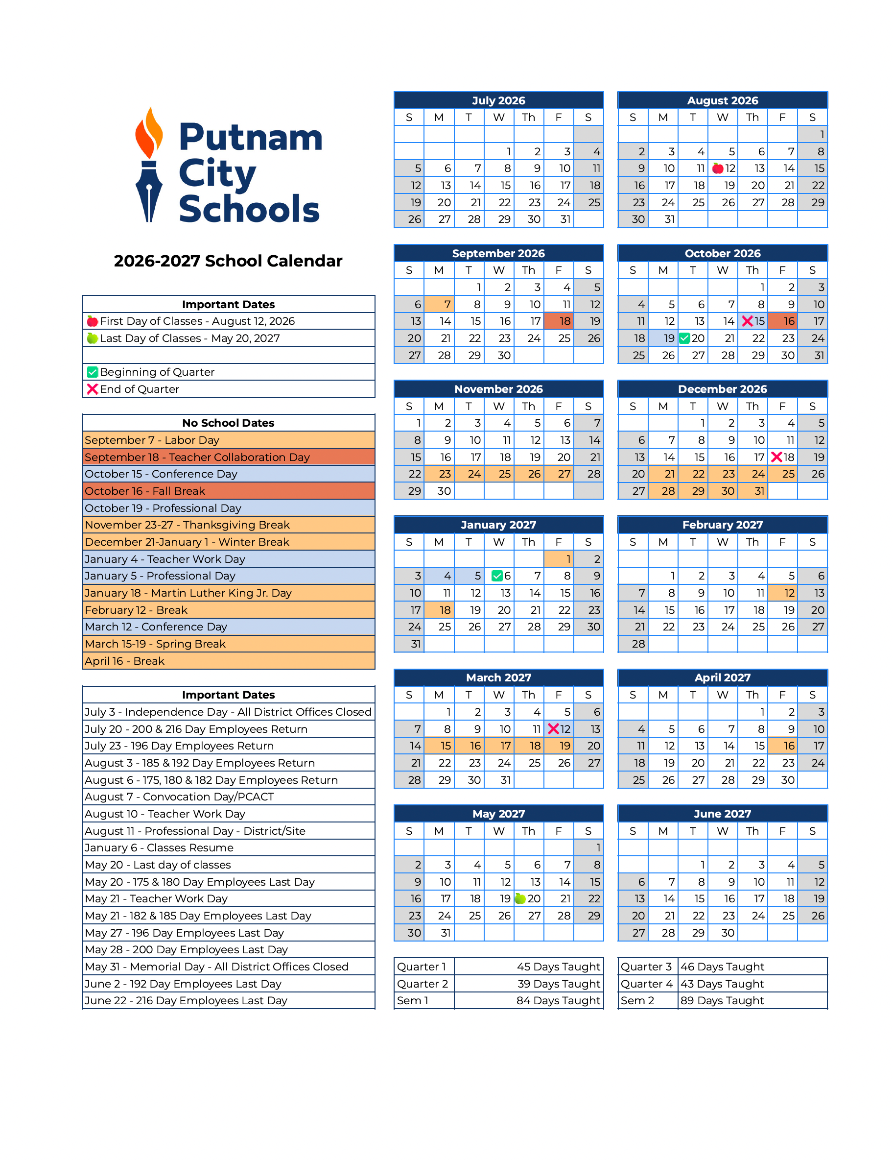 2026-2027 School Calendar, button below to download the digitally accessible version