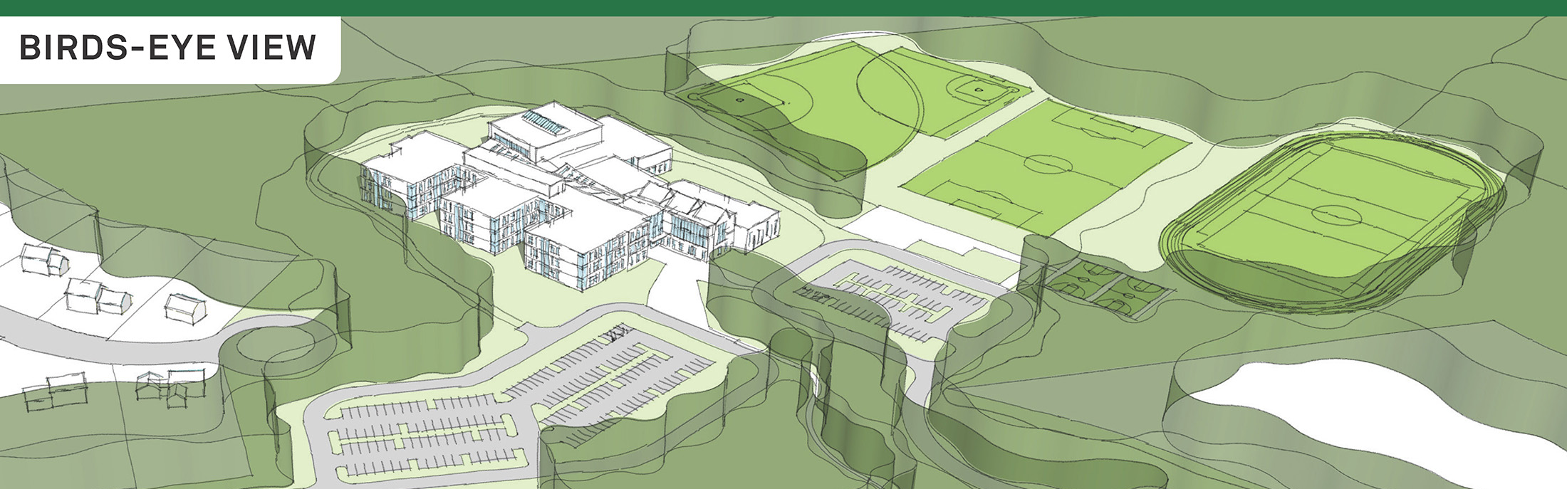 Bird's eye rendering of new middle school at Broken Ground