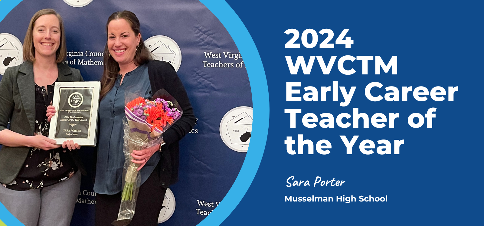 image of wvctm early career teacher of the year sara porter standing with elaine cook from musselman high school