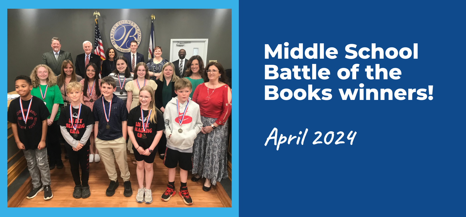 Musselman Middle and Mountain Ridge Middle School Battle of the Books champions along with thier school librarians and the board of education. 