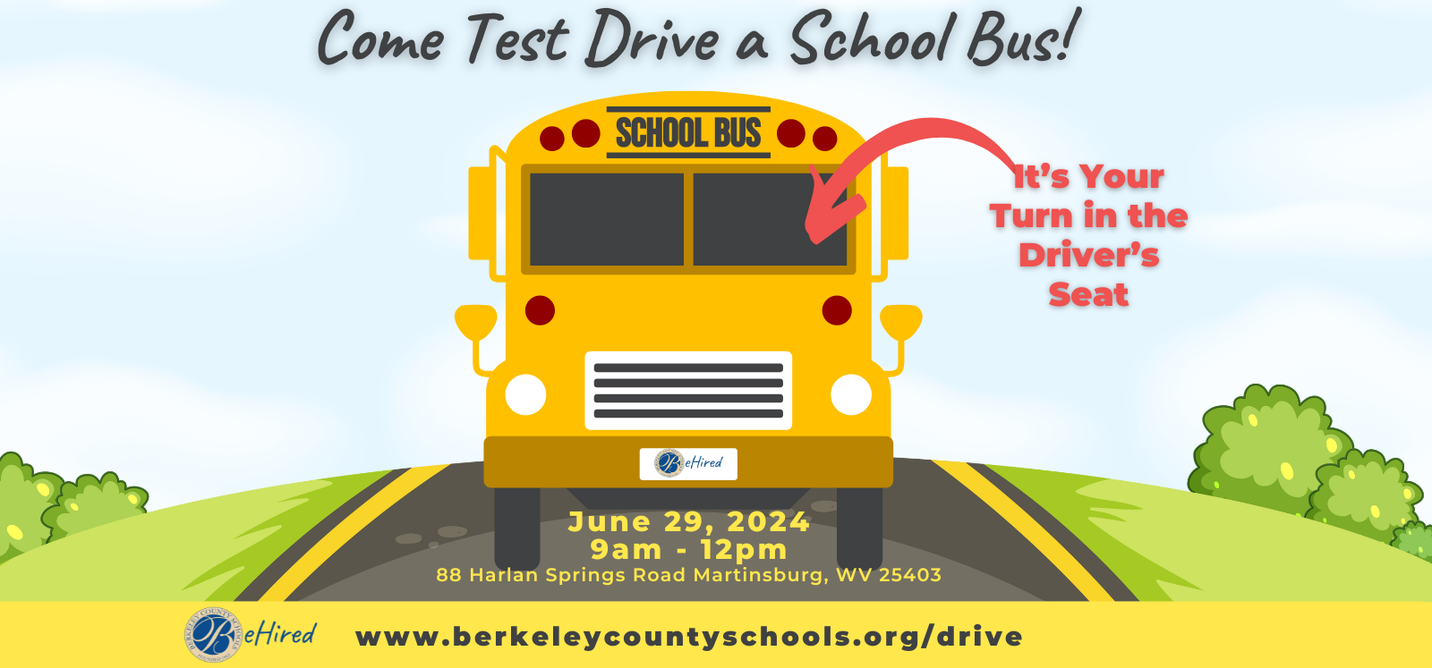 image of come test drive a school bus banner. full information in caption