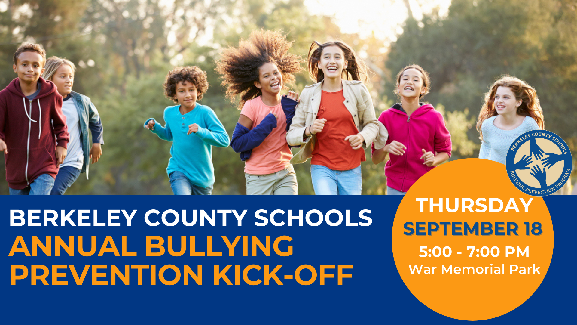 image of berkeley county schools annual bullying prevention kickoff that takes place on thursday september 19 from 5 p.m. to 7 p.m. image also includes kids pariticpating in the event