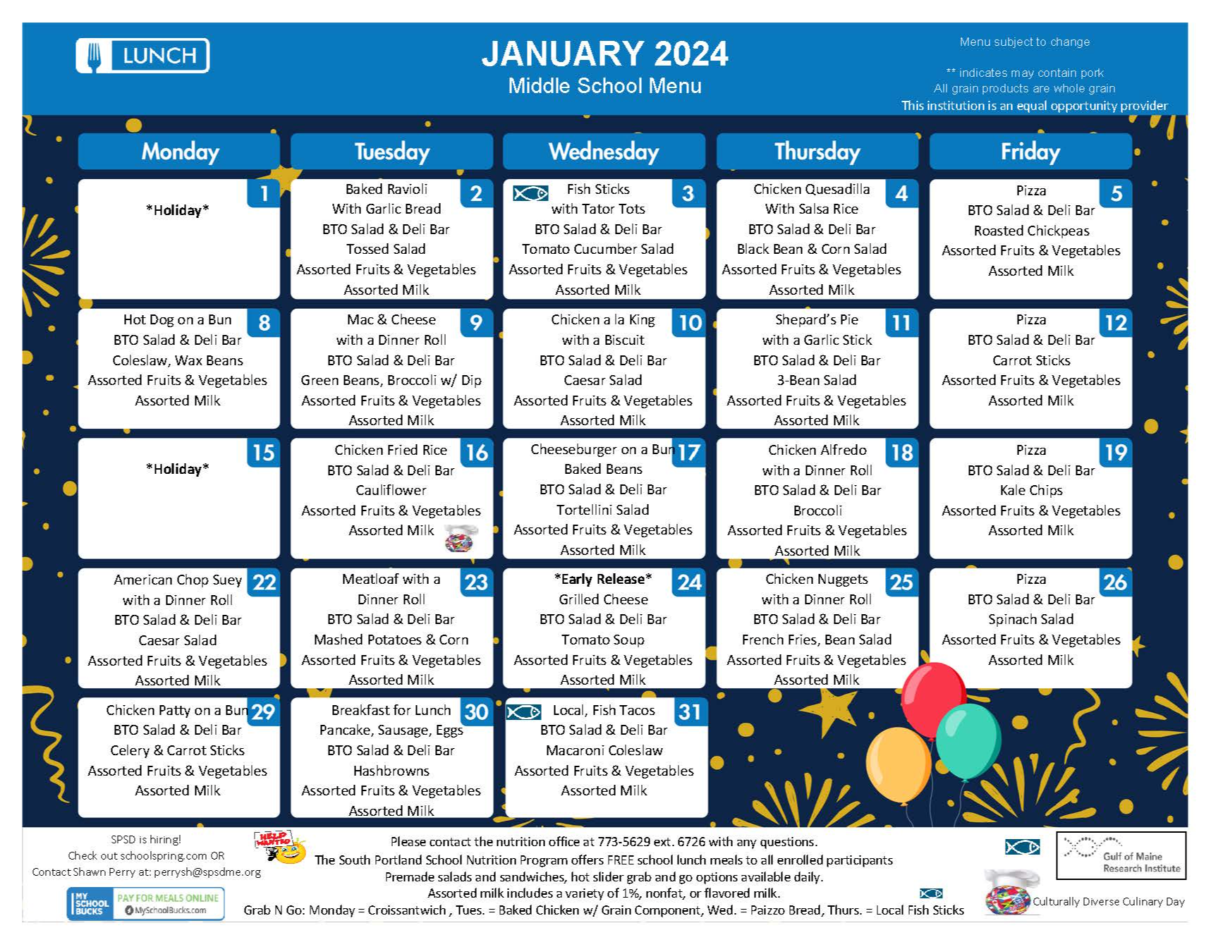 Breakfast & Lunch Menus South Portland School Department