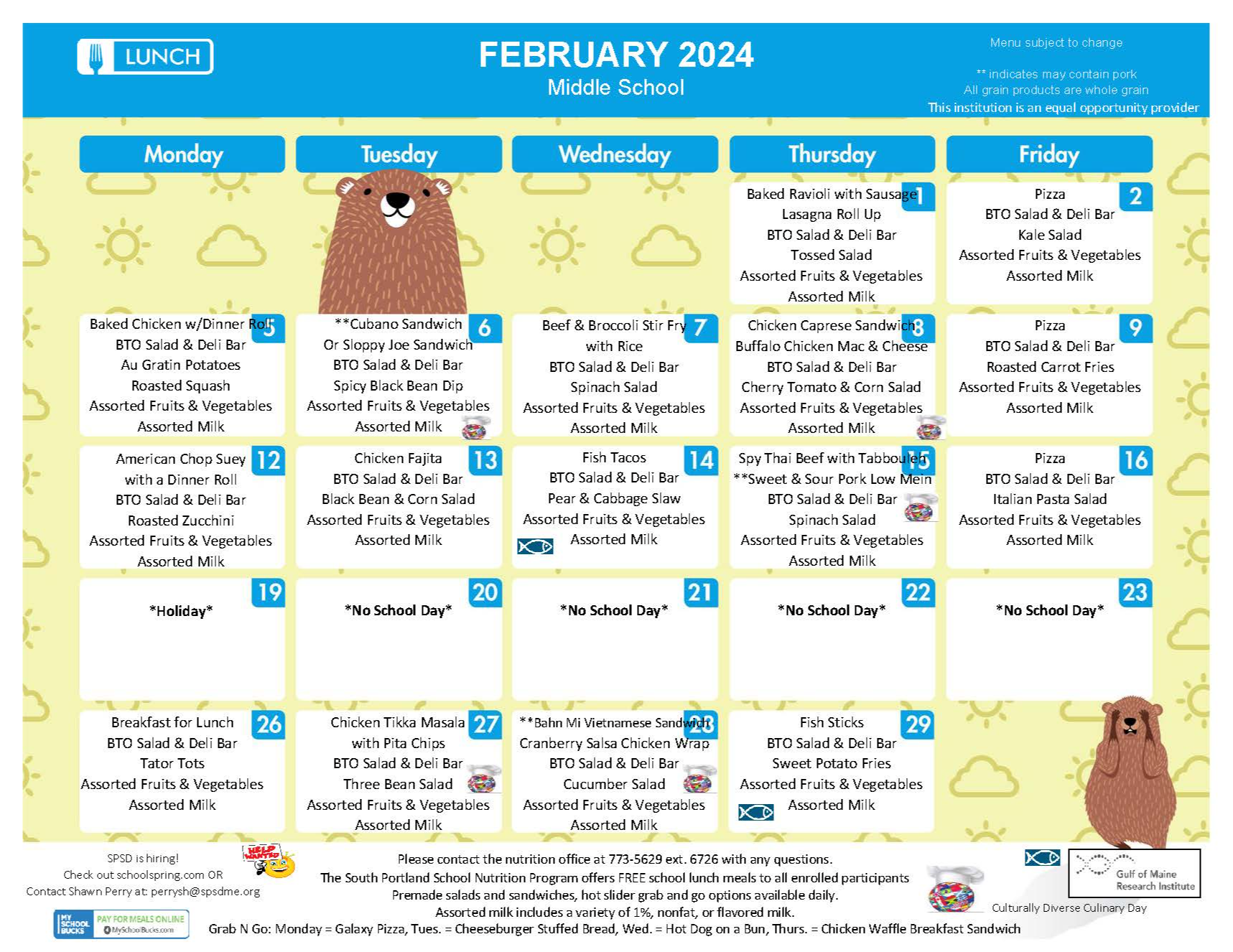 Breakfast & Lunch Menus South Portland School Department