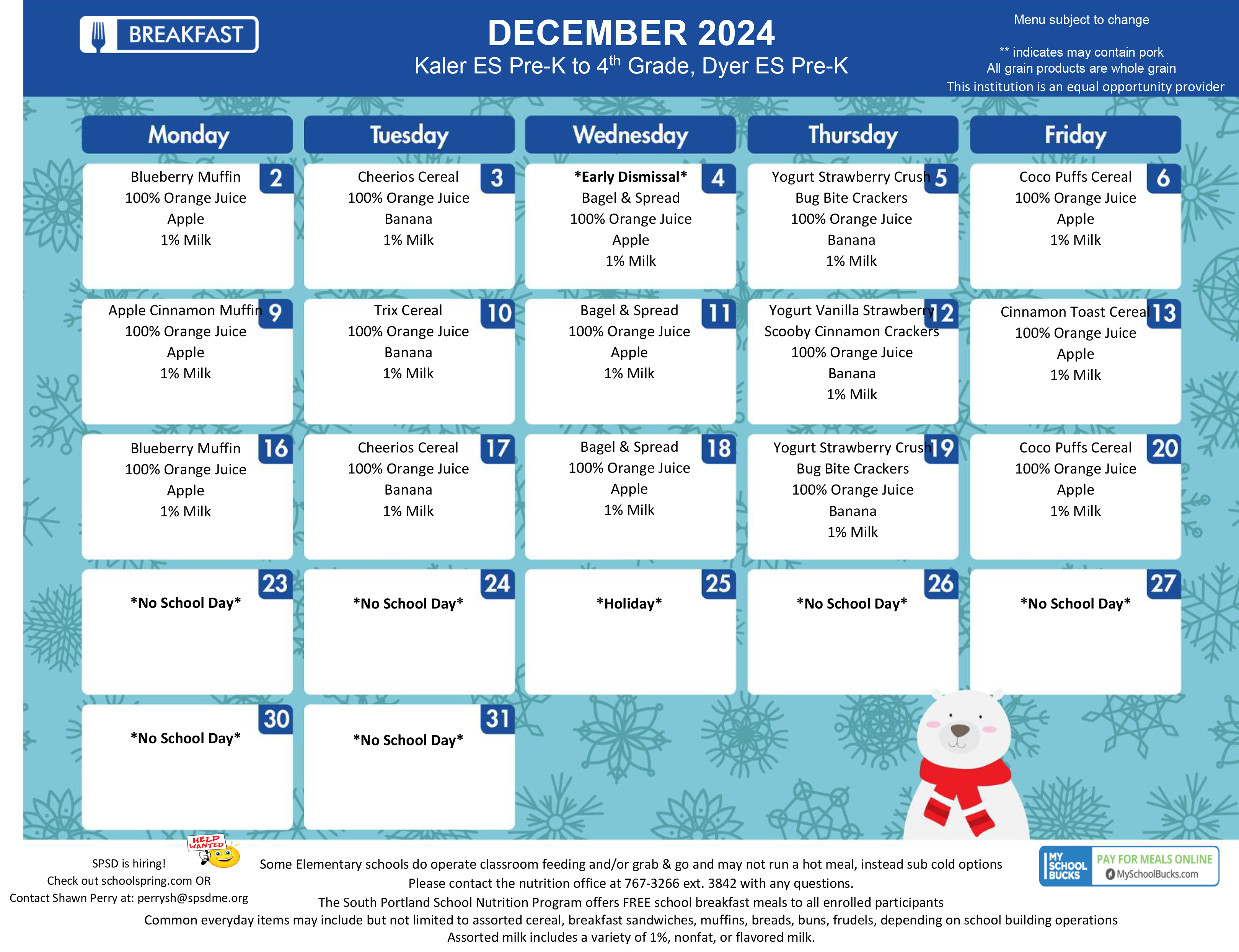 December 2024 Breakfast Kaler, Dyer Pre-K