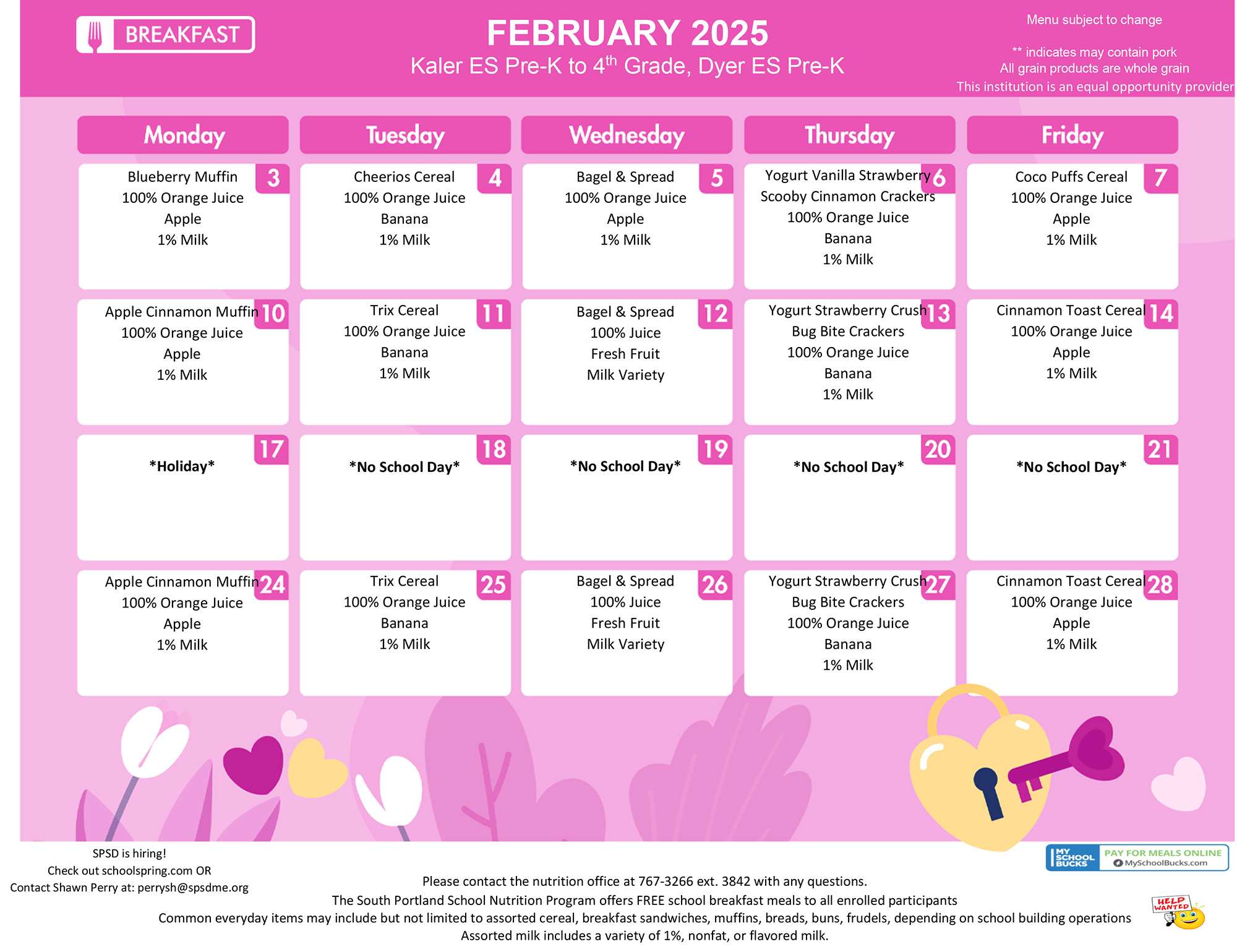 Breakfast February 2025 Kaler ES Pre-K to 4th Grade, Dyer ES Pre-K