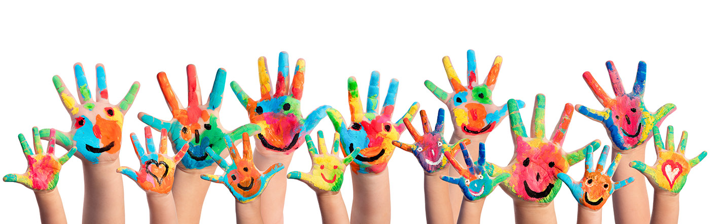 a group of hands painted with brightly colored paint