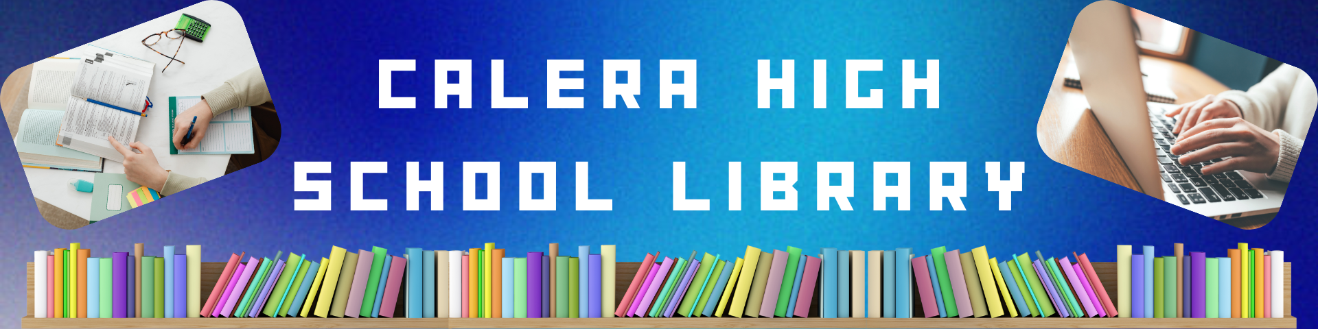 Decorative website header with Calera High School Library text and library related graphics