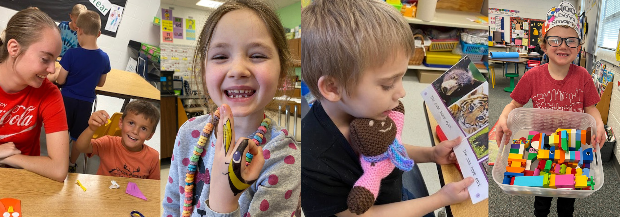 collage of elementary school children doing art projects, showcasing 100 days of school outfits,  and reading to their stuffed animals