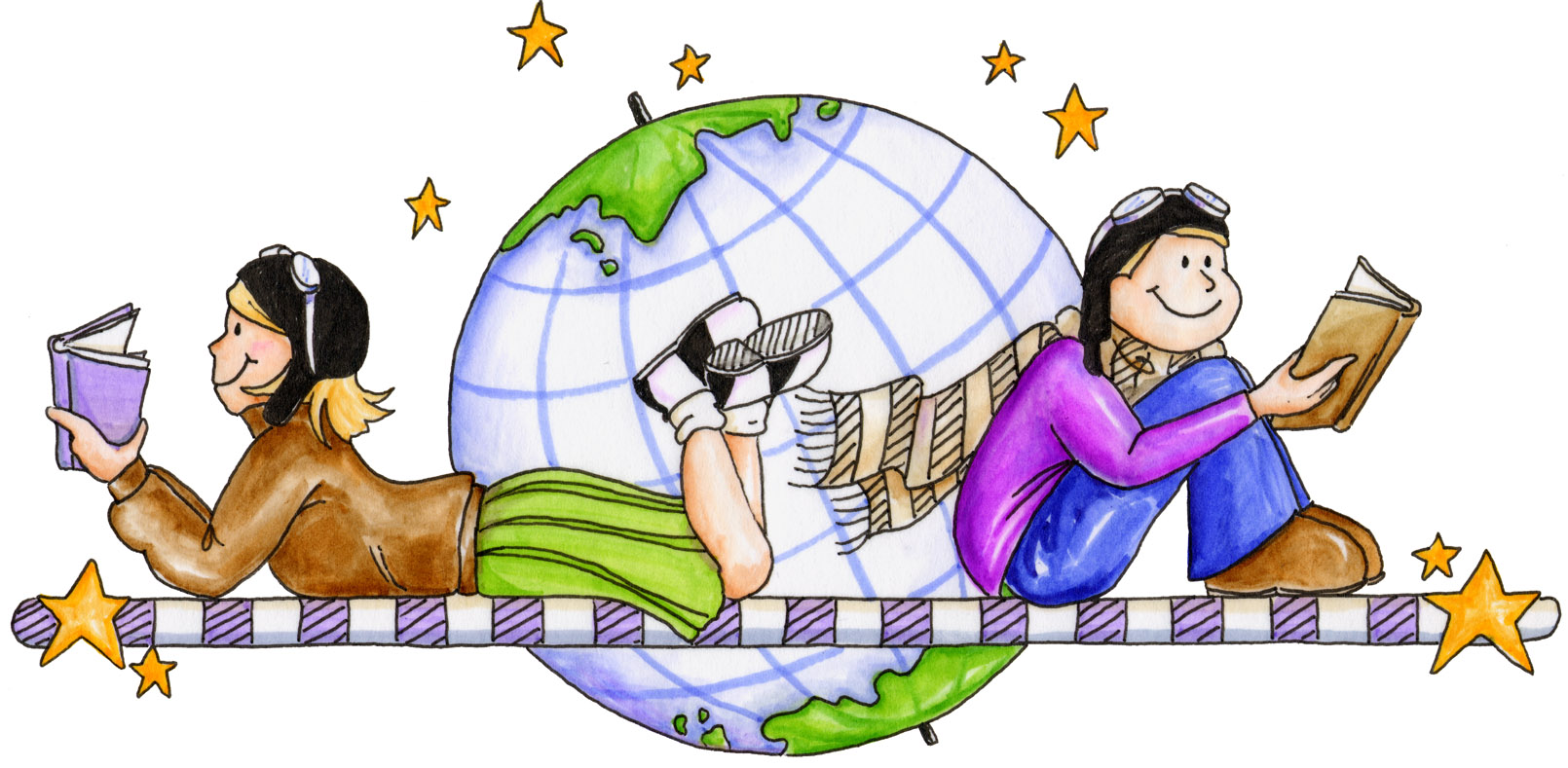 boy and girl reading books with a globe behind them