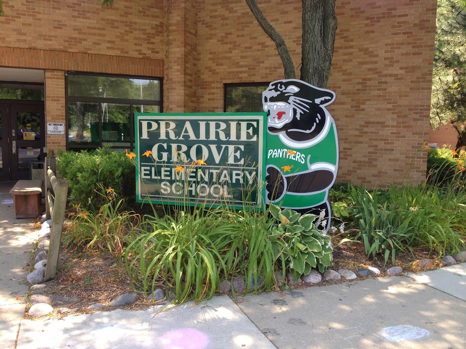 A photo of the front of Prairie Grove Elementary School