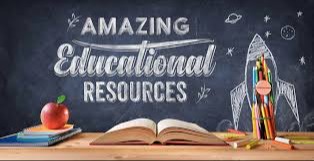 amazing educational resources, image with chalkboard, books and apple