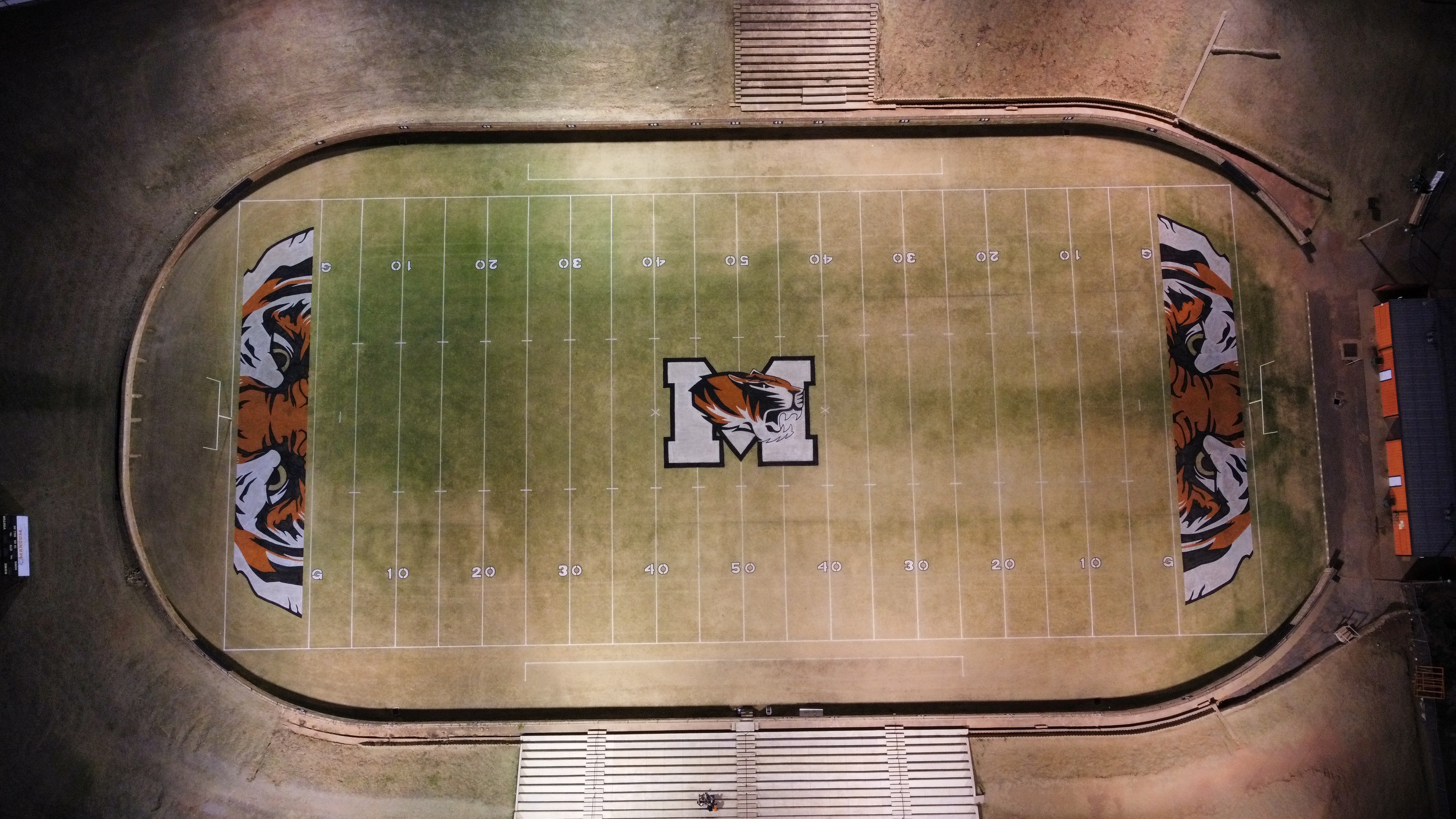 An aerial shot of the football field. 