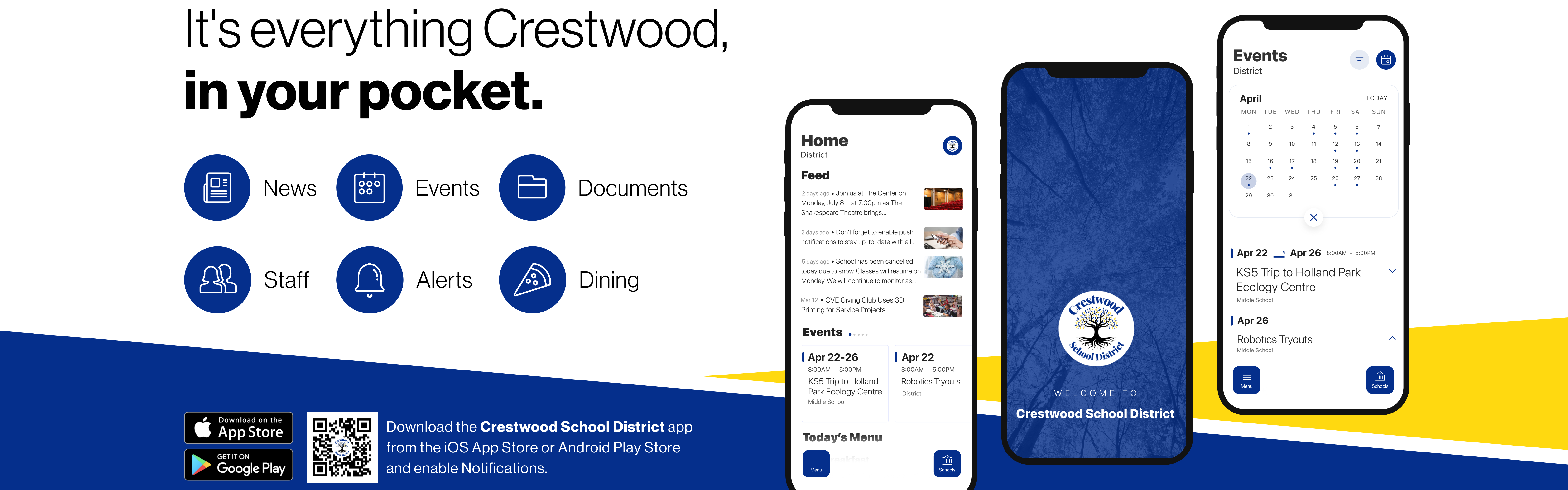 Introducing the Crestwood School District Mobile App! it's everything Crestwood, in your pocket! Download the Crestwood School District App from the I O S App Store, or the Android Play Store, and enable notifications.