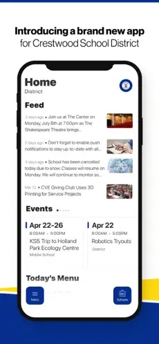 Introducing a brand new app for Crestwood School District Home District Feed 20273609 0.00082 1000St ca 2 days go • Don't forget to enabie push US 13 • CVE Gvina Club Uses 30 Prenting for Servico PiDioces Events 1 Apr 22-26 KSS Tho to rolland Park Ecolxy Centre 1 Apr 22 Robodes Tryout Today's Menu
