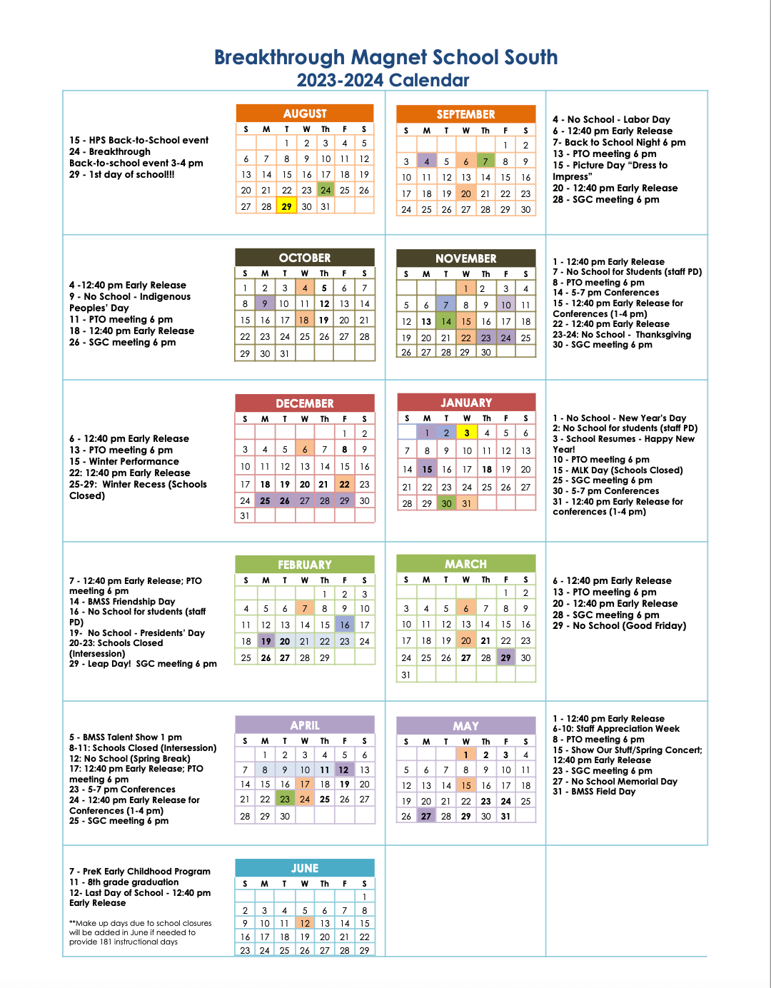 HPS Calendar and Website Breakthrough School South