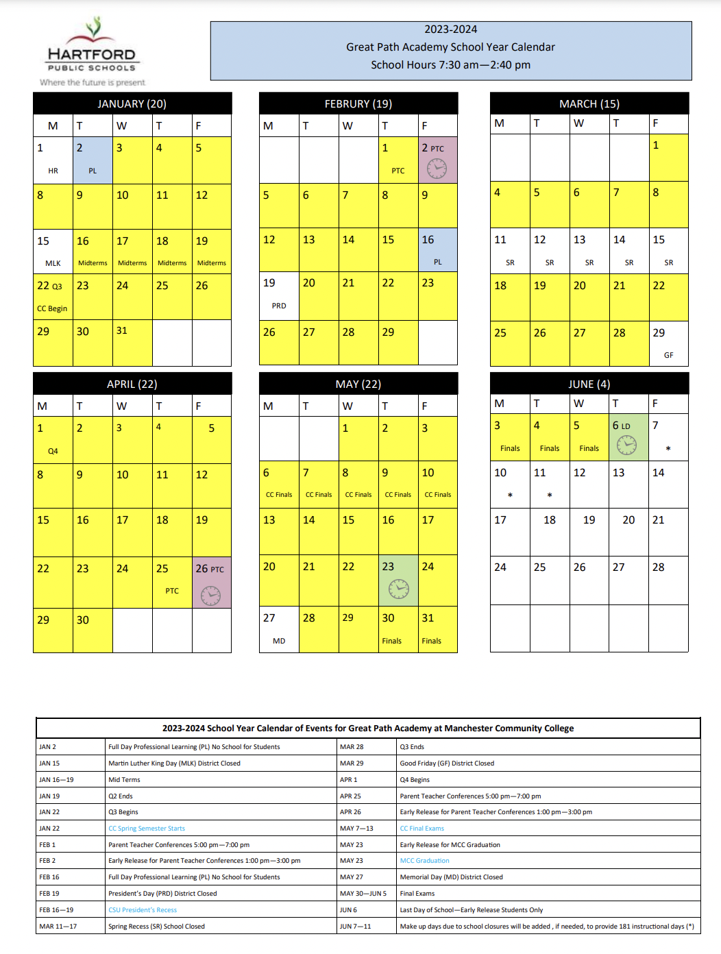 Calendar Great Path Academy at Manchester Community College