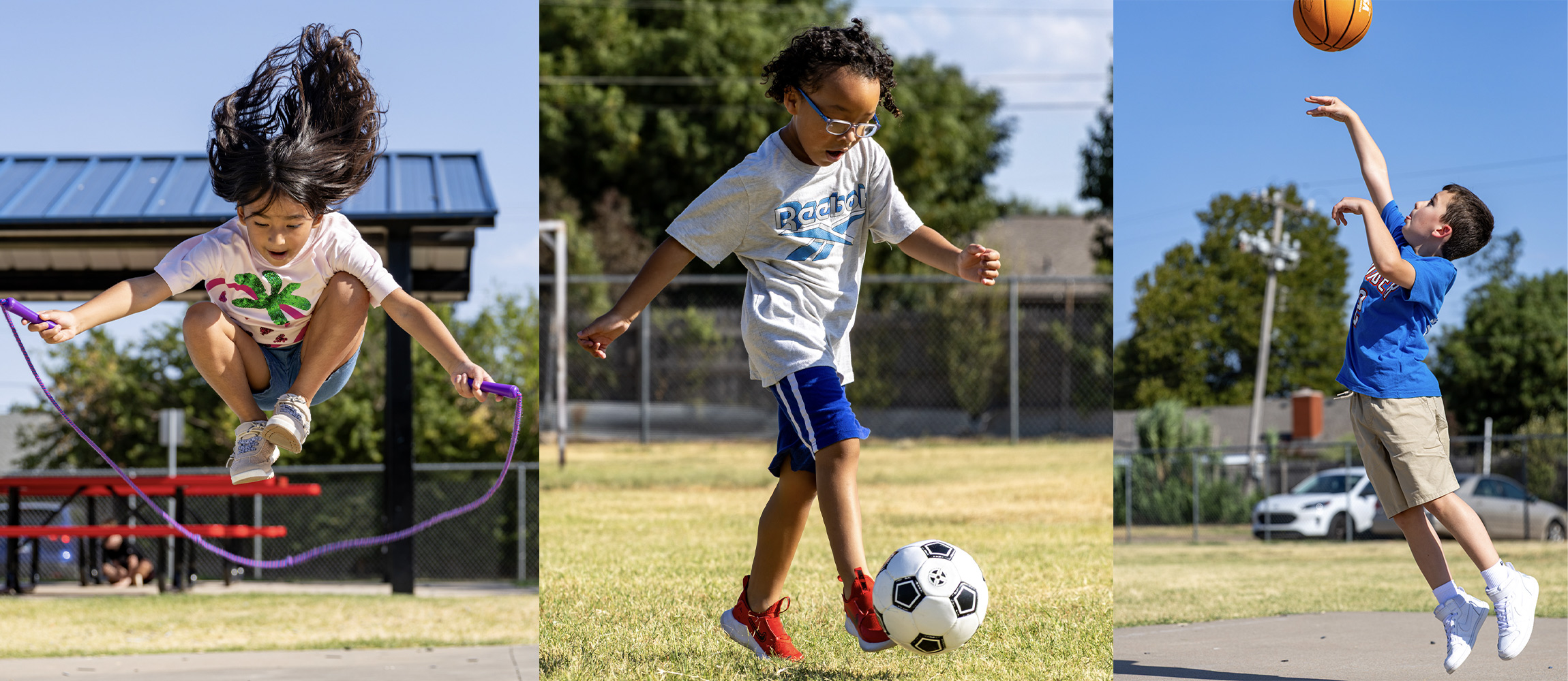 Three photos showing elementary aged students playing outdoors in the sun.