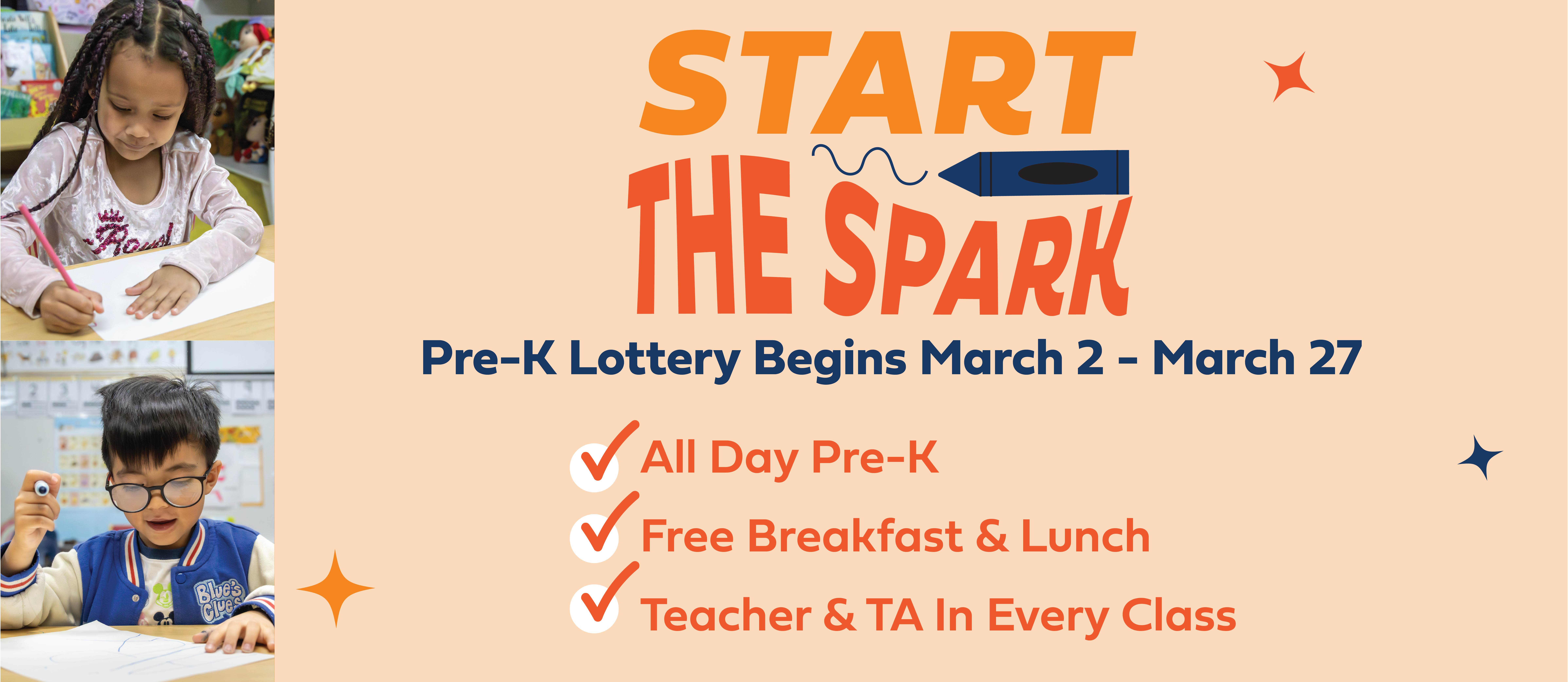 start the spark. pre-k lottery runs march 2-27. all day pre-k, free breakfast and lunch, teacher and teachers assistant in every class.