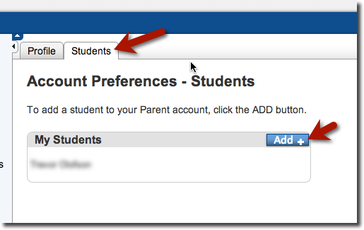 Two tabs appear on the window Profile and Students. There's an arrow next to Students to click on it.