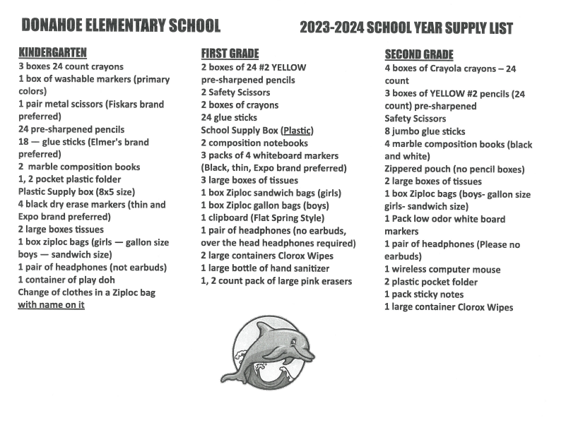 Donahoe School Supply List K-2