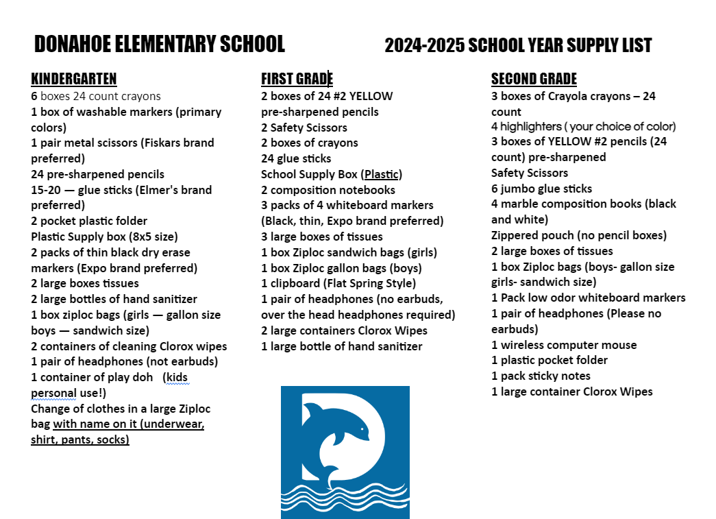 List of school supplies needed for Kindergarten-2nd grade for the 2024-2025 school year. Image of blue dolphin inside a D at the bottom of the page.