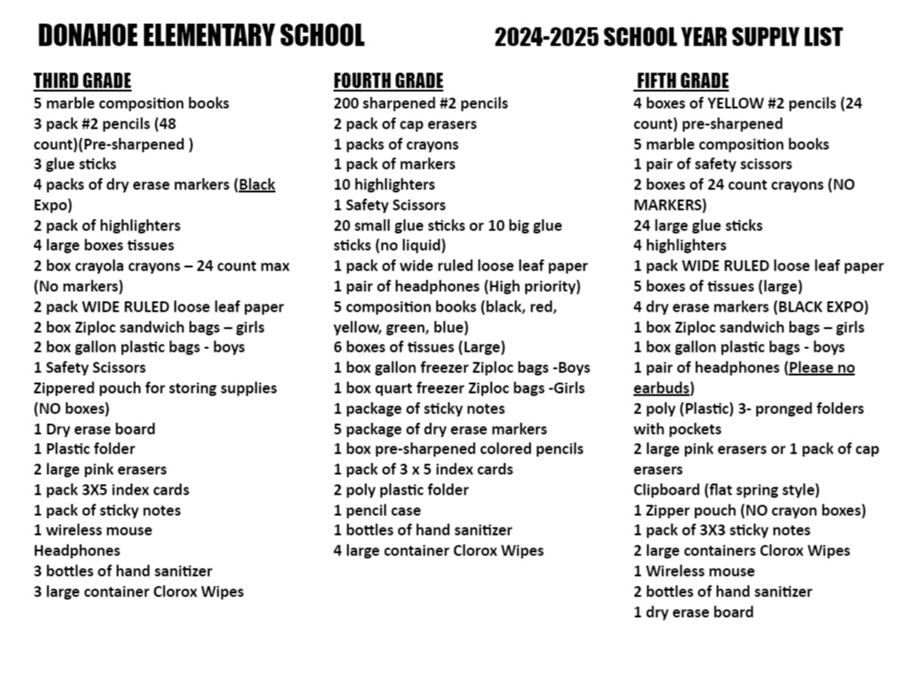 List of school supplies needed for 3rd-5th grade for the 2024-2025 school year. 