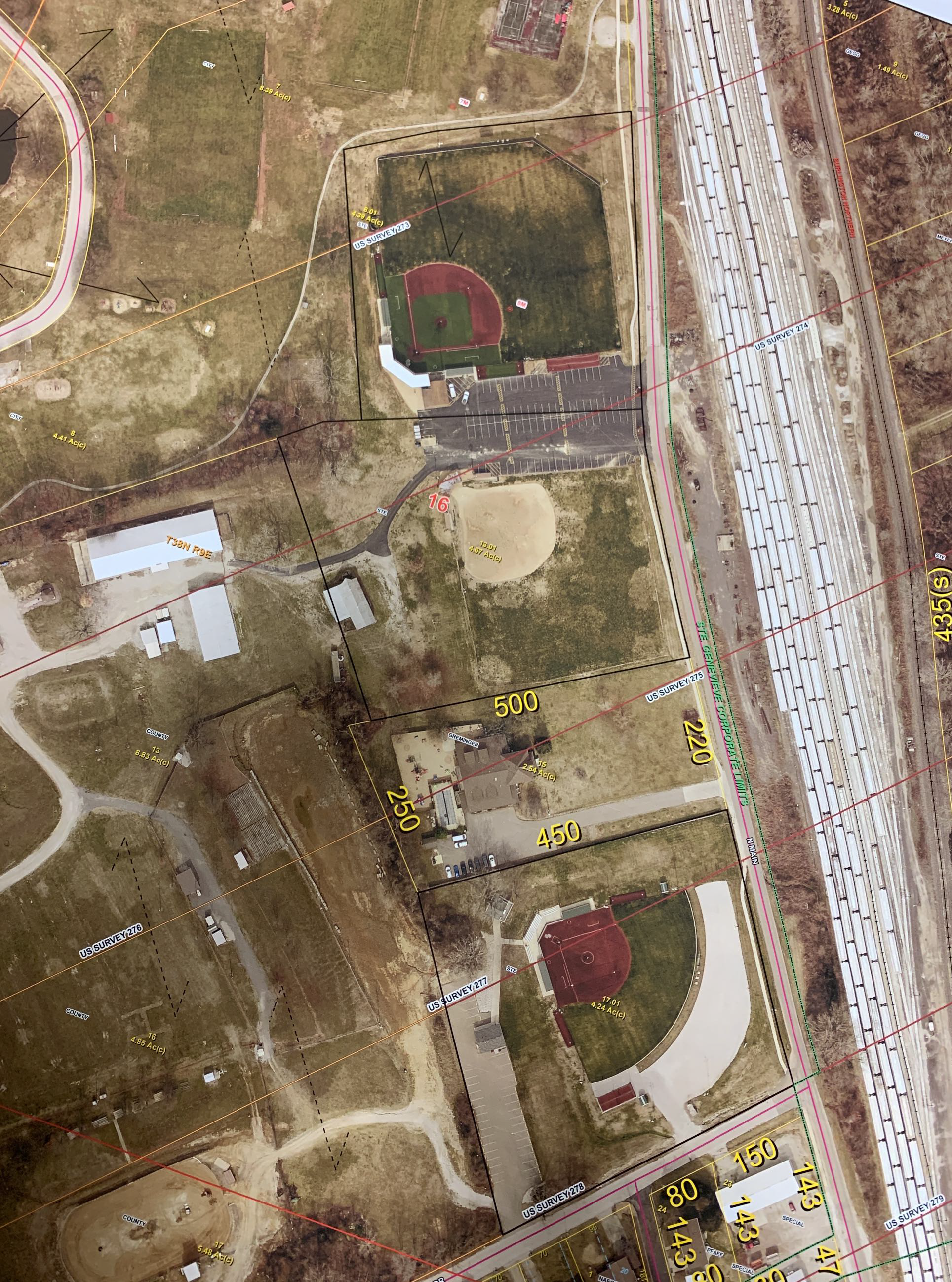 Aerial image of Yanks and Leon's ball fields with district's property lines