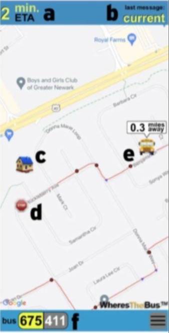 a. Arrival status, B. Last Message, c. Your House, D. Bus Stop, e. Bus location and  distance, f. Bus #