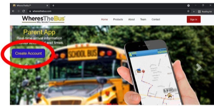 Arrow pointing to a bus describing where to sign up on the website