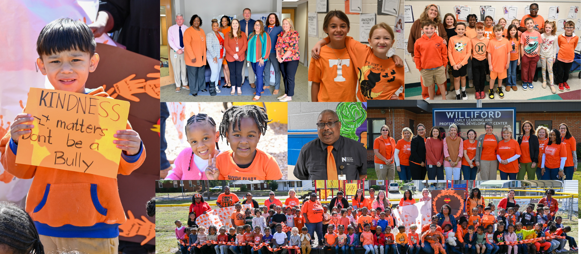 Collage of photos of students wearing orange and posing for photos