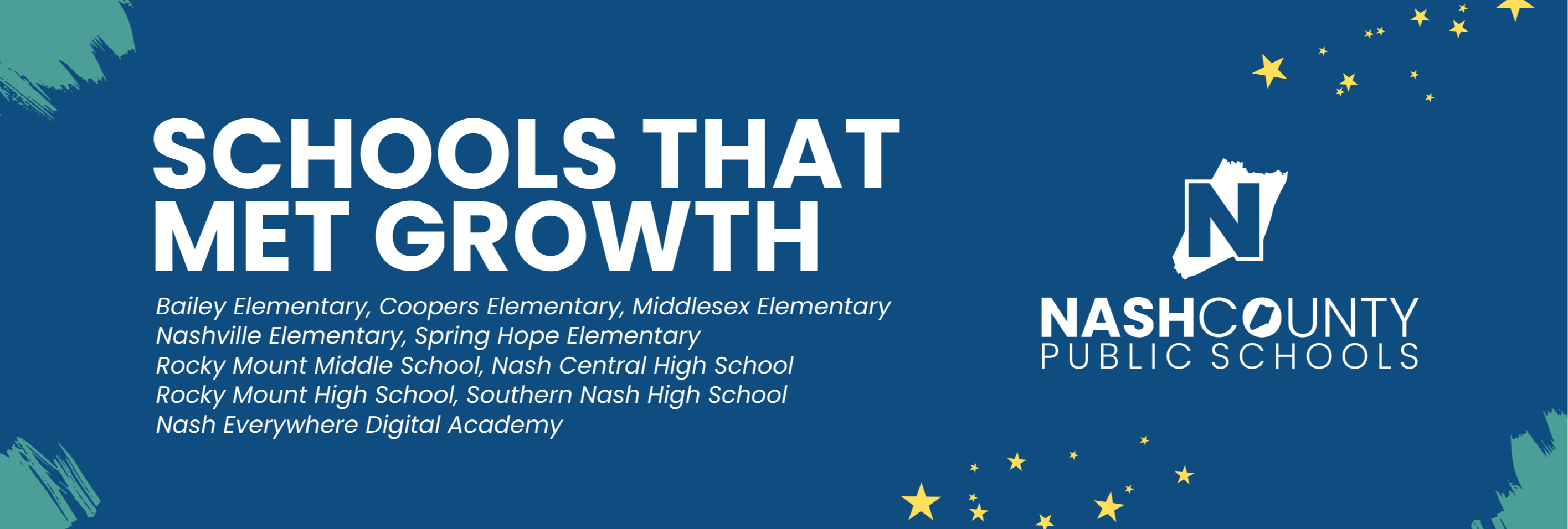 Schools that met growth Bailey Elementary, Coopers Elementary, Middlesex Elementary Nashville Elementary, Spring Hope Elementary Rocky Mount Middle School, Nash Central High School Rocky Mount High School, Southern Nash High School Nash Everywhere Digital Academy