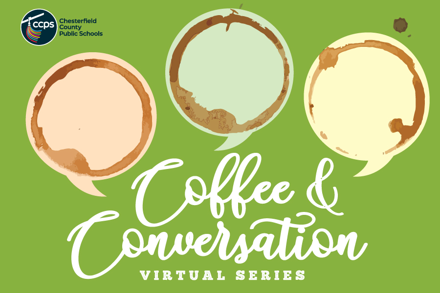 Coffee & Conversation logo with three coffee cup stains