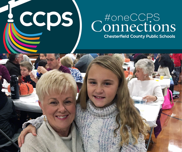 #oneCCPS Connections graphic with a girl hugging her family member