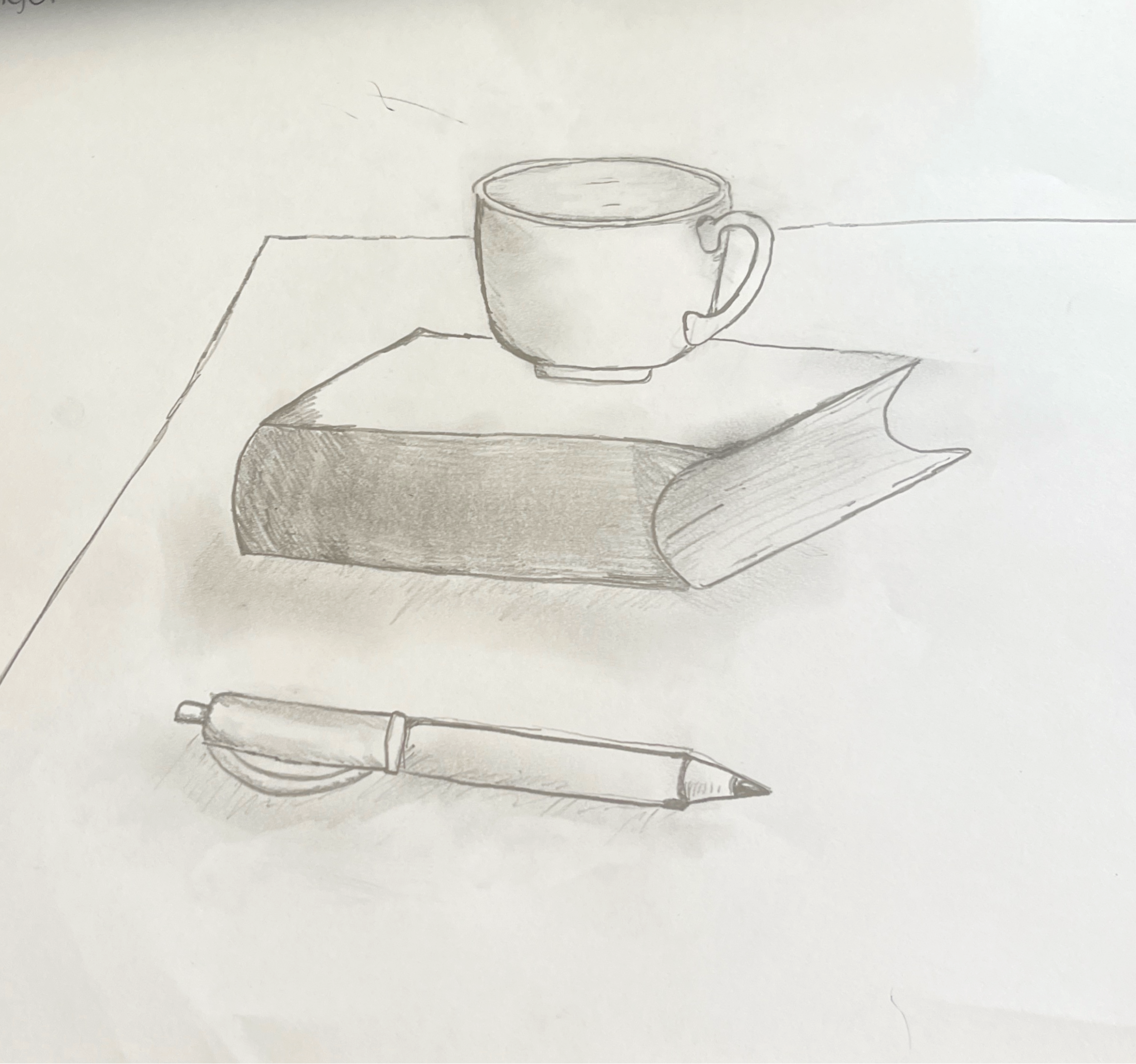 sketch of book, coffee cup and pen