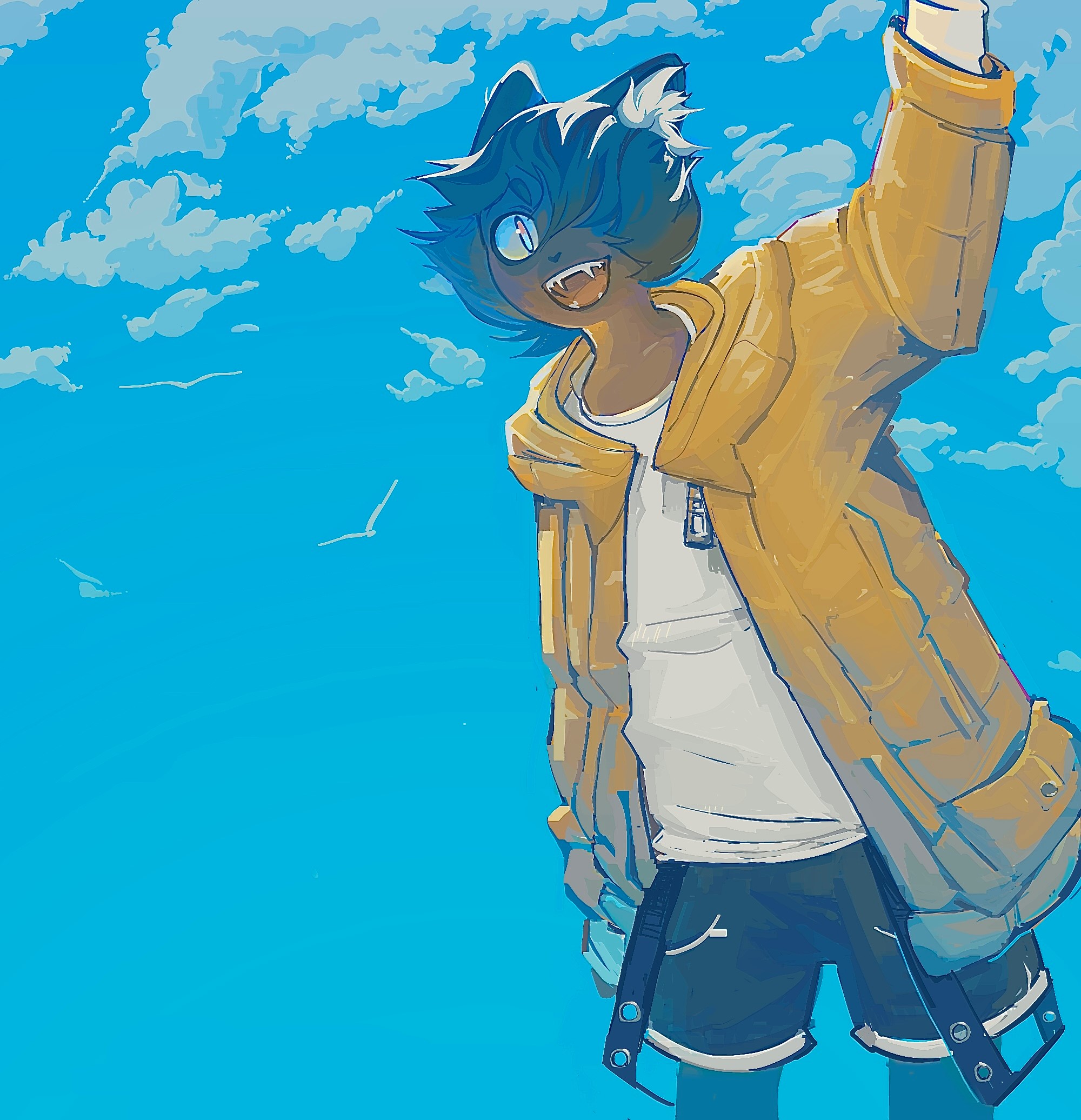 Artwork of a character waving and a blue sky in the background