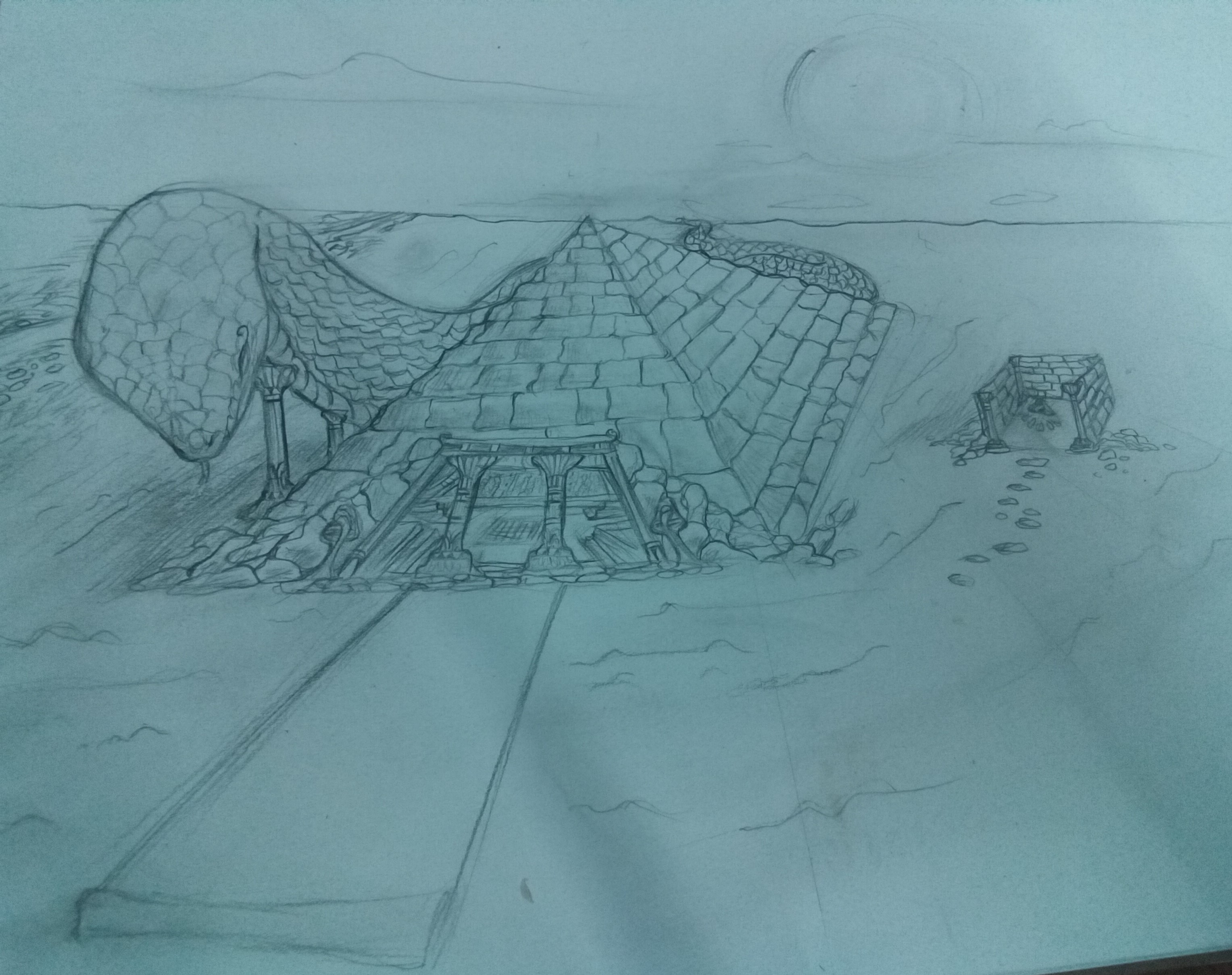 Artwork of a pyramid and a large snake