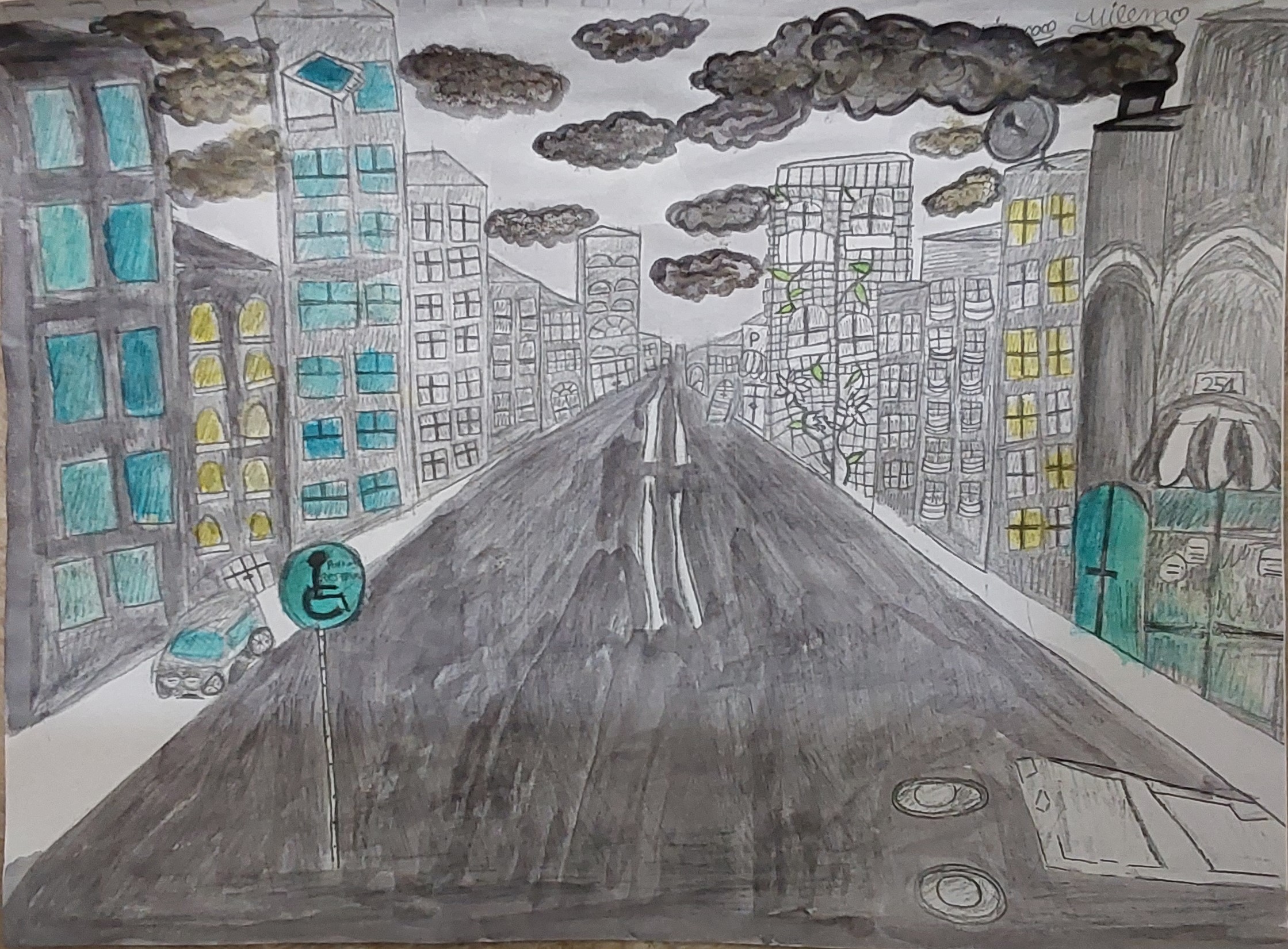 Artwork of a road going through a city during a cloudy day