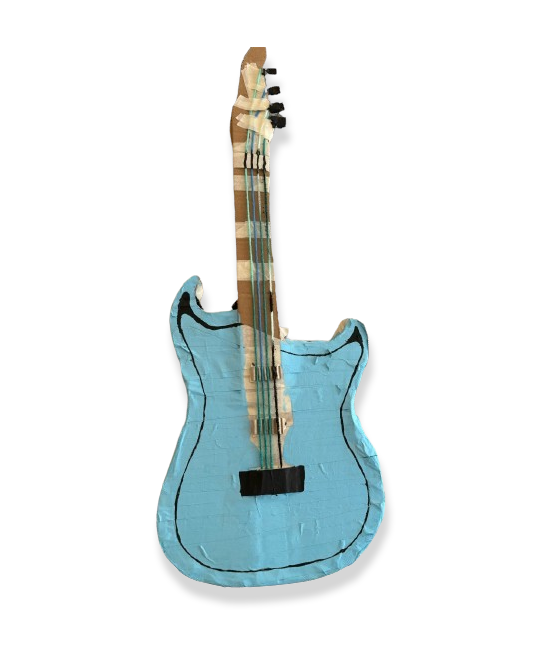 Artwork of a blue cardboard guitar
