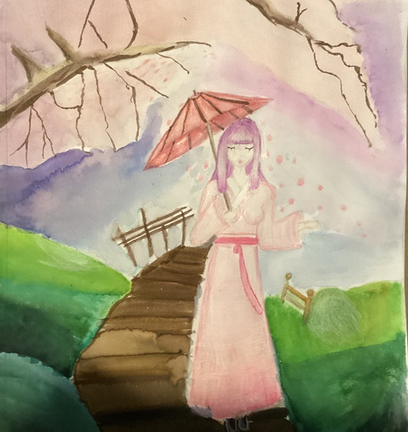 Artwork of a lady walking on a bridge holding an umbrella