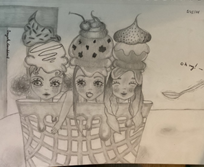 Artwork of three girls with ice cream on their heads