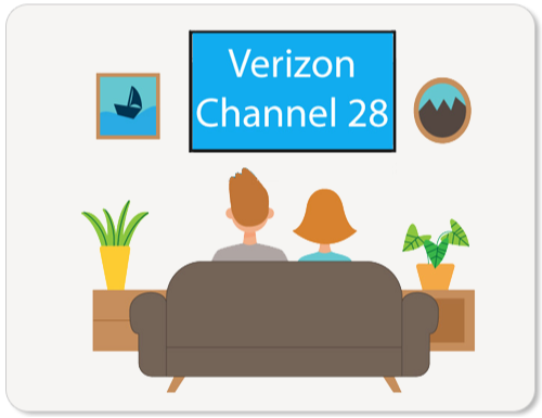 Two people watching TV that reads "Verizon Channel 28"